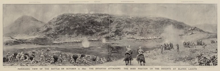 Panoramatický pohled na bitvu 21. října 1899, pěchota útočí na pozice Búrů na výšinách u Elands Laagte